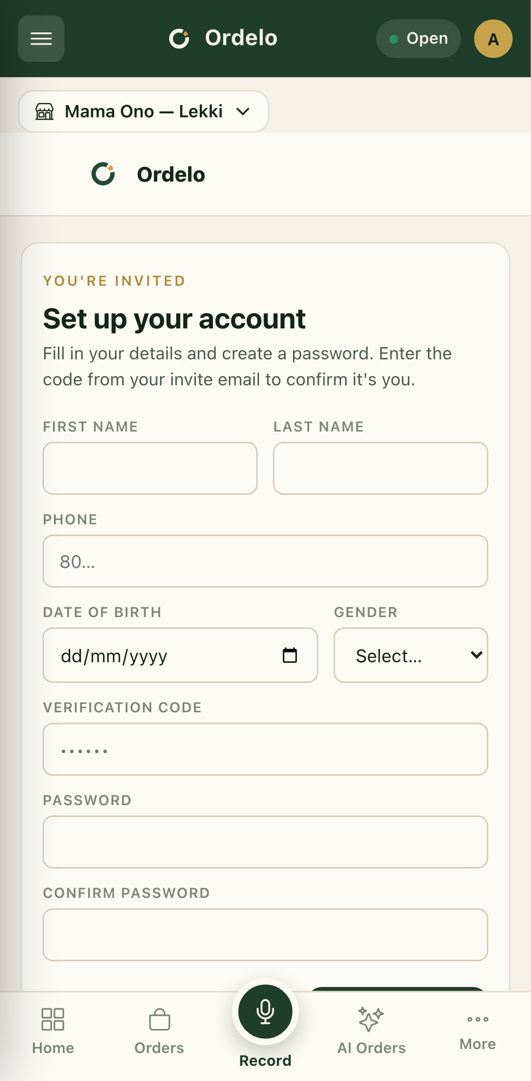 Invite setup screen