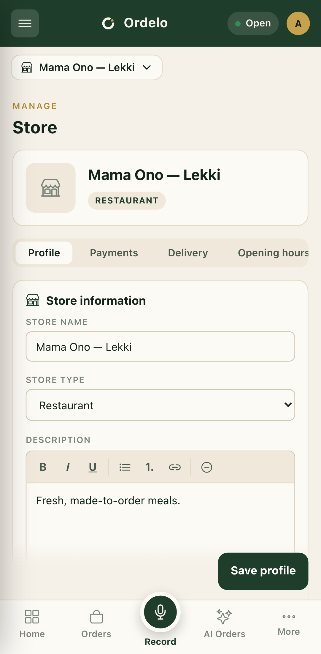 Your store settings tabs