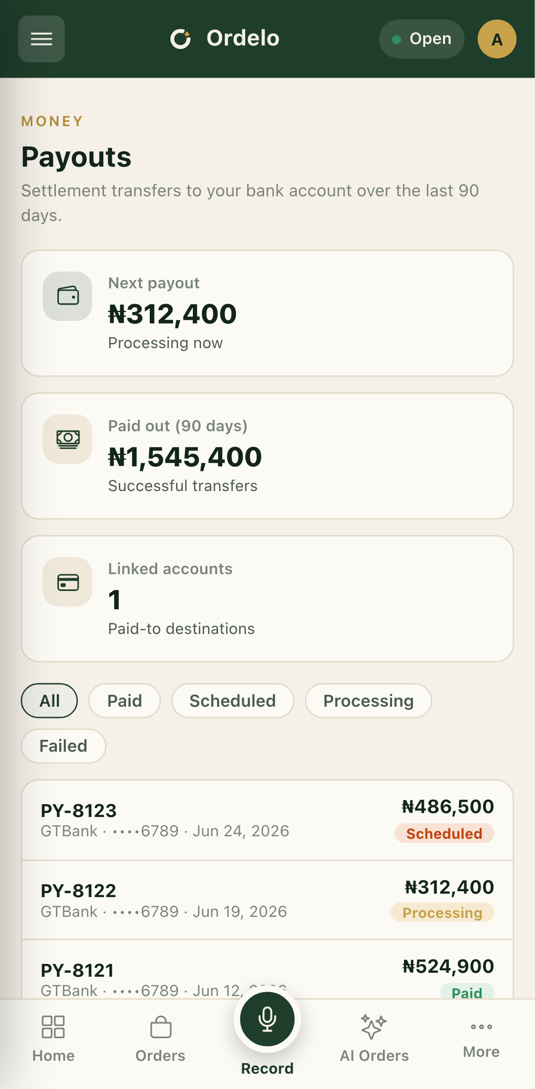 The payouts screen