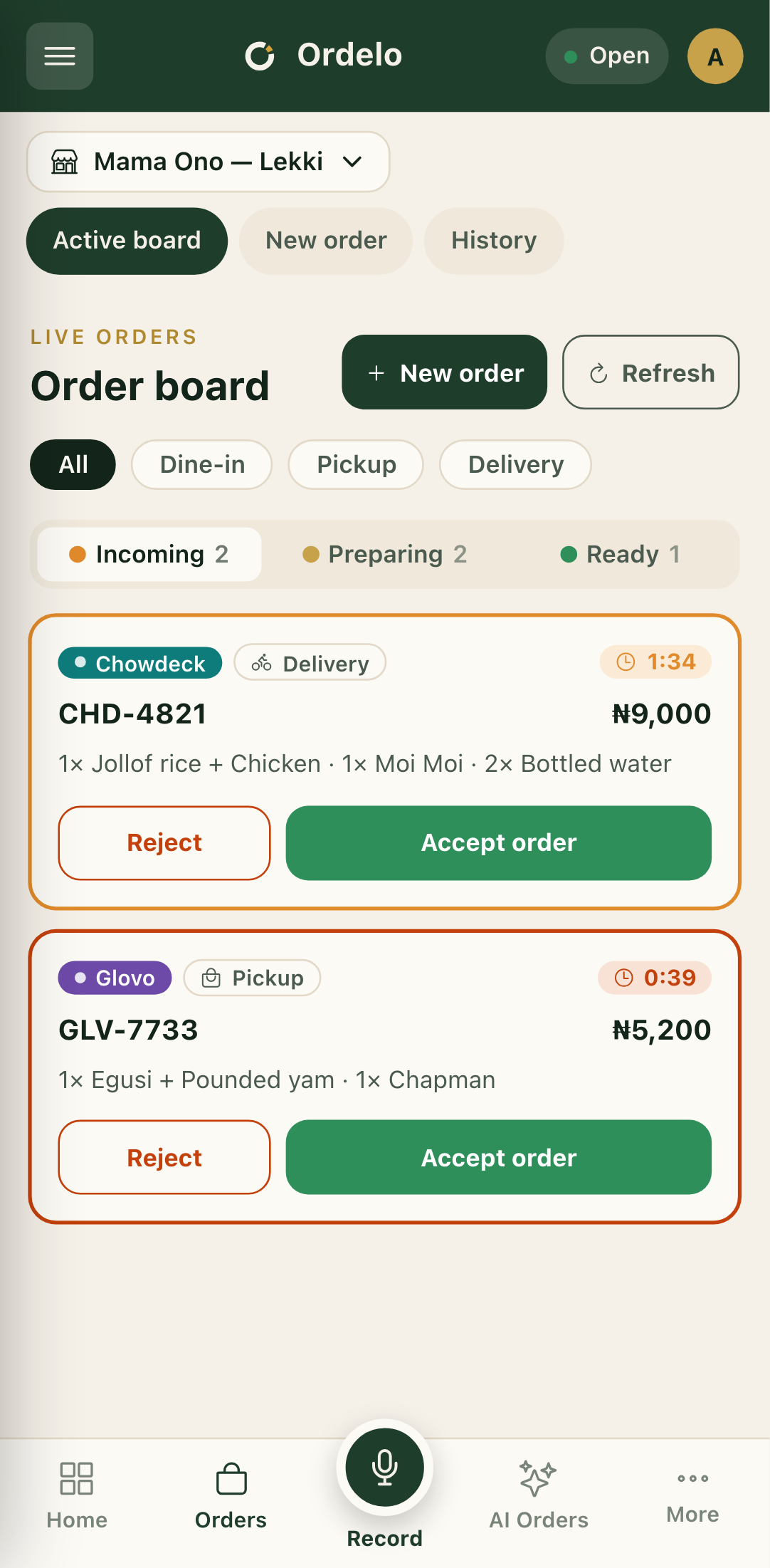 Active orders board