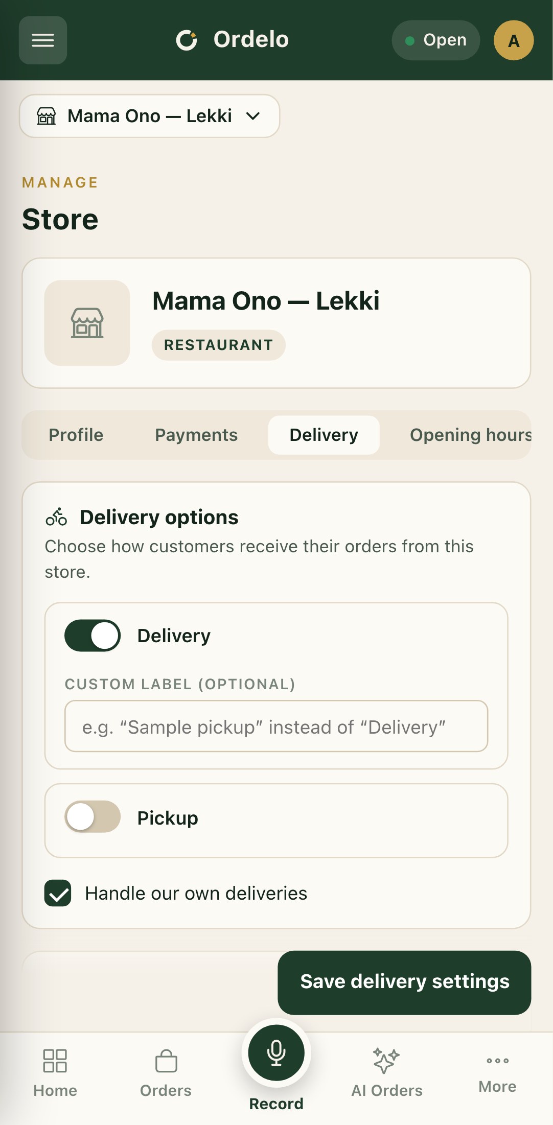 Delivery tab