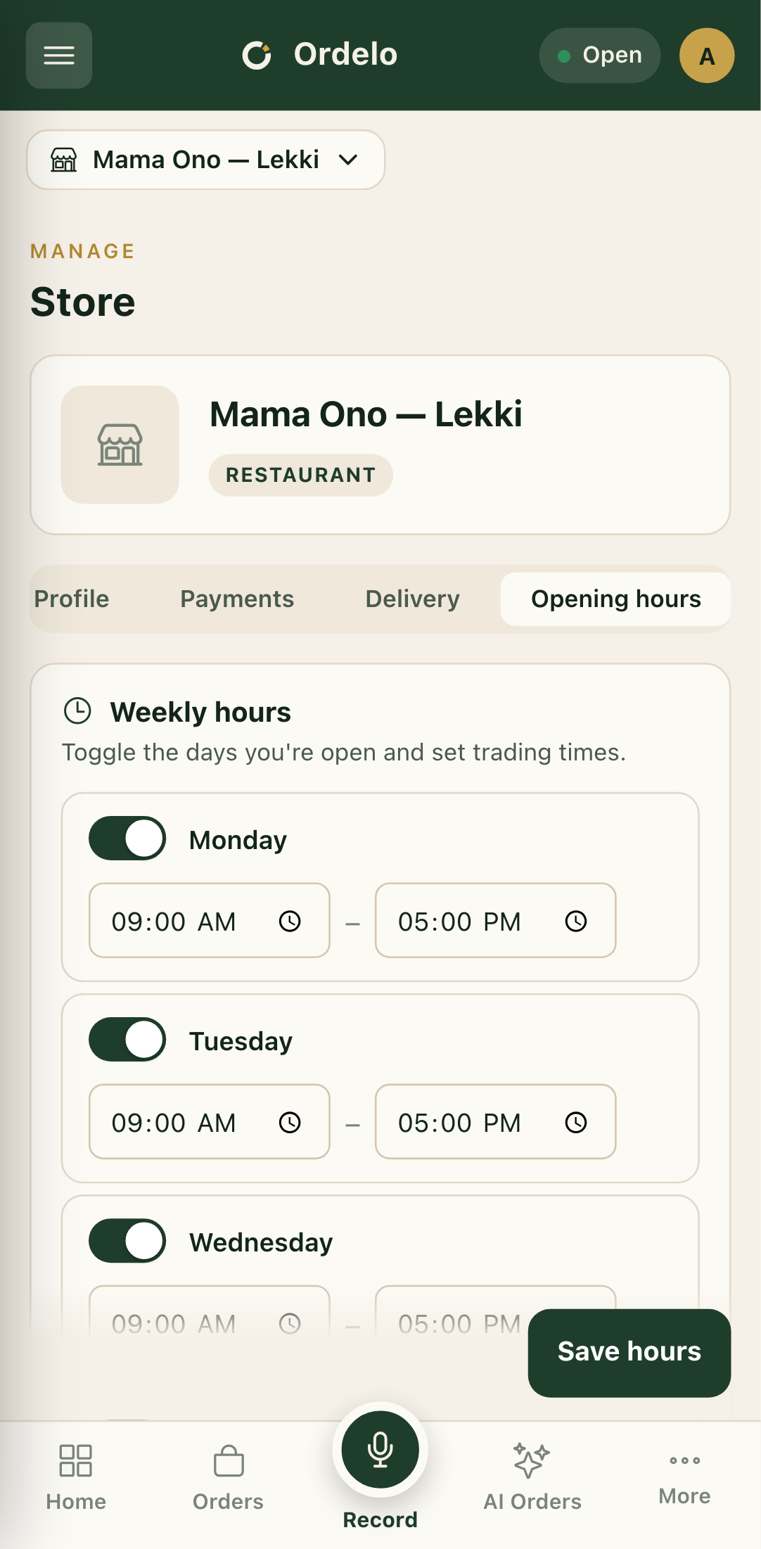Hours tab