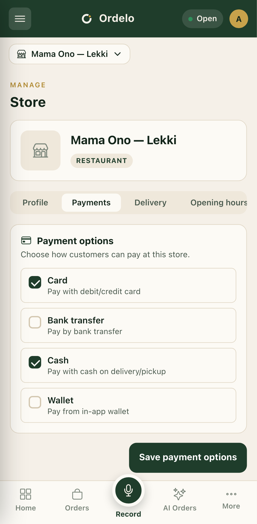Payments tab
